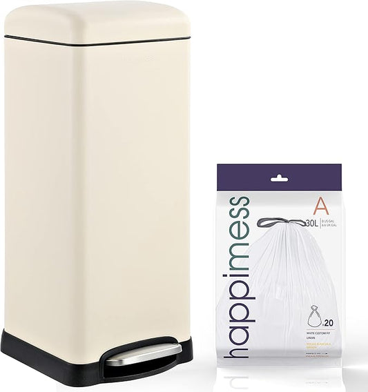 happimess HPM1007F Betty Retro 8-Gallon Step-Open Trash Can with Soft-Close Lid, Fingerprint Resistant, Modern, Minimalistic for Home, Kitchen, Laundry Room, Office, Bedroom, Bathroom, Almond