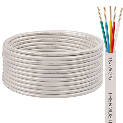 XRDS -RF 18AWG 5 Conductor Thermostat Wire 30FT, Solid Copper, 18 Gauge 5 Wire for Thermostat, HVAC, Heating and Cooling, White Jacket (10FT / 20FT / 25FT / 30FT / 50FT / 75FT / 100FT)