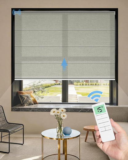 Motorized Roman Shades for Windows, Custom Light Filtering Roman Blinds with Remote, Smart Privacy Window Shades for Living Room Kitchen Office, Alexa & Google Home Compatible, App Control via RF Hub