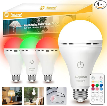 Neporal Rechargeable Light Bulbs, Back Up Battery Light Bulbs, 15W 80W Equivalent 5000K 1200mAh Battery Operated Light Bulb, Emergency Lights for Home Power Failure, Pack of 4 (9 Colors 4PK)