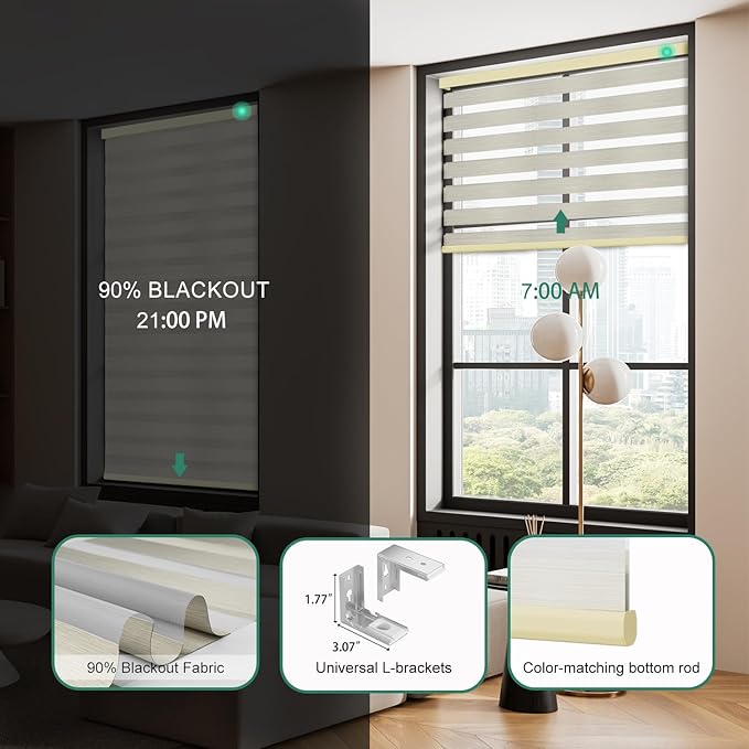 Motorized Zebra Blinds with Remote, Work with HomeKit Alexa Automatic Electric Window Shades 90% Blackout Light Filtering for Smart Home and Office, Customized Size Golde
