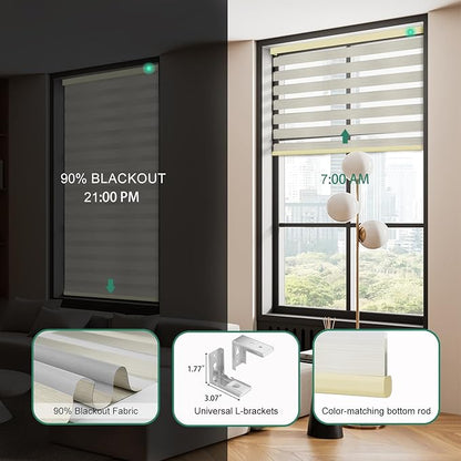 Motorized Zebra Blinds with Remote, Work with HomeKit Alexa Automatic Electric Window Shades 90% Blackout Light Filtering for Smart Home and Office, Customized Size Golde