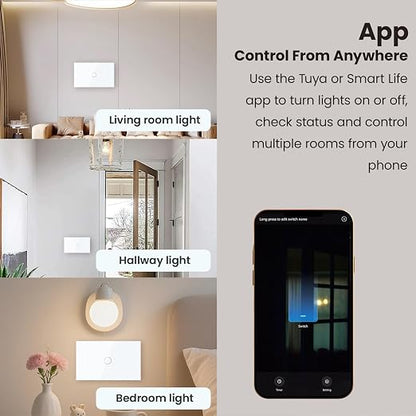 Smart Switch Neutral Wire Optional,APP Control,White 1 Button | 4.65 X 2.83 X 1.34 Inches,Only 2.4GHz Wi-Fi,Voice Control,Work with Tuya/Smart Life/Alexa,Tempered Glass Panel