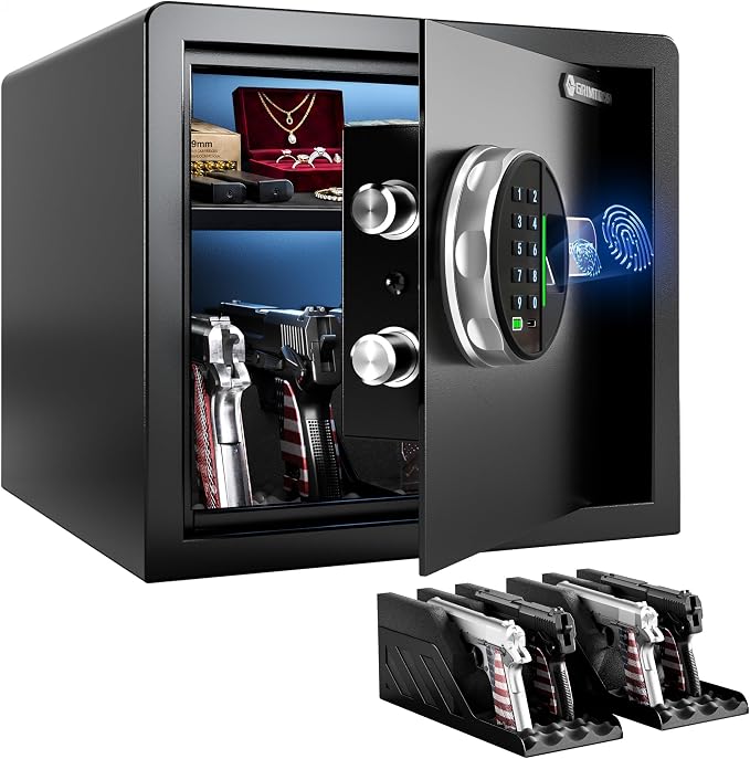 Grimtron 23LB Biometric 4 Pistols Safe with Fingerprint Lock, 3-8 Digit PIN | 2-in-1 Wireless Charging, Storage Up to 4 Pistols, 30 Fingerprints, All-Metal Knob, Silent Mode, Type-C Emergency Power