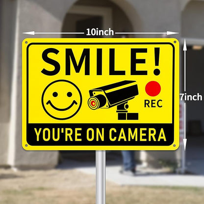 2 Pack Smile You're on Camera Signs – Video Surveillance Signs Outdoor, 10"x7" Rust-Free Aluminum Warning Sign, UV Printed Weatherproof Security Camera Sign for Home, Business, Fence, Driveway, CCTV