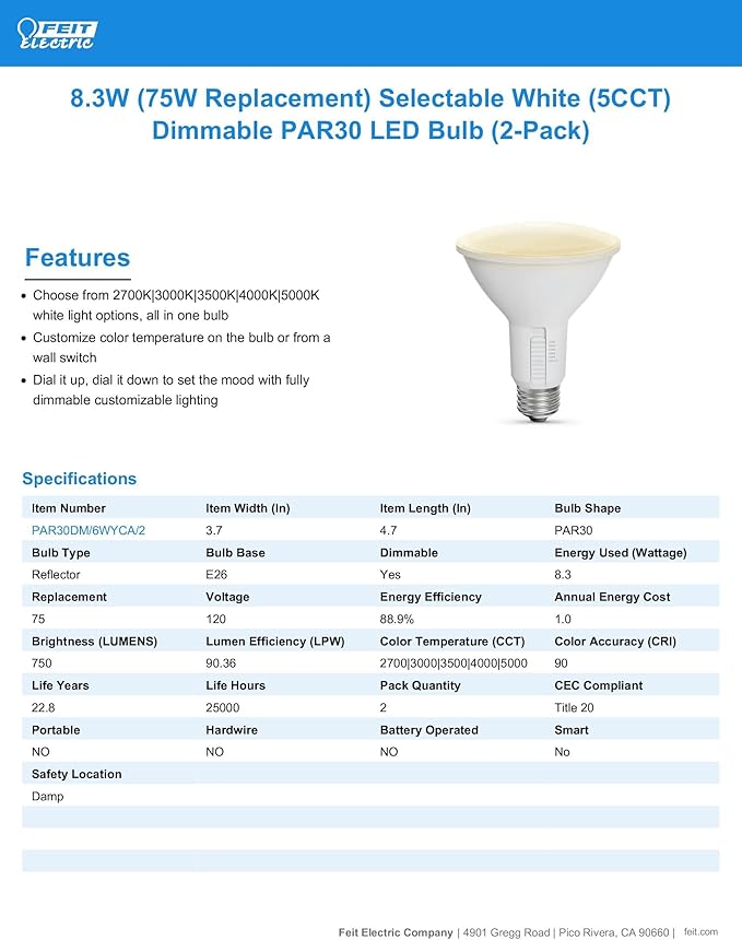 Feit Electric LED Reflector Light Bulb, Dimmable, Adjustable White 2700K–5000K, High CRI, Enhance Series, 25,000-Hour Lifetime, Indoor/Outdoor Use, 75-Watt LED