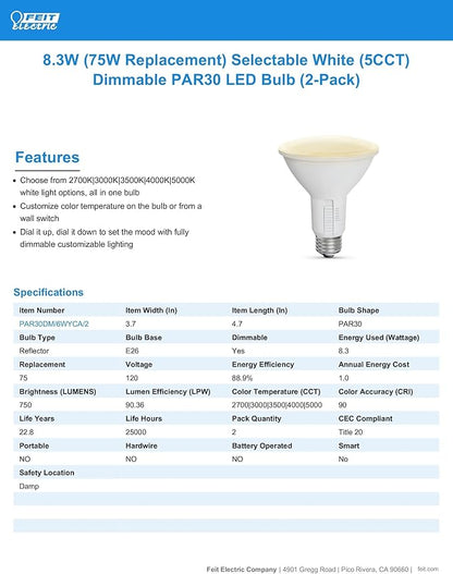 Feit Electric LED Reflector Light Bulb, Dimmable, Adjustable White 2700K–5000K, High CRI, Enhance Series, 25,000-Hour Lifetime, Indoor/Outdoor Use, 75-Watt LED