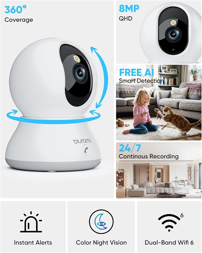 blurams 8MP Indoor Camera, 360° PTZ Baby Monitor, Pet Camera with Phone App, One-Touch Call, Free Human/Pet/Motion/Sound/Cry Detection, Dual-Band WiFi 6, Compatible with Alexa