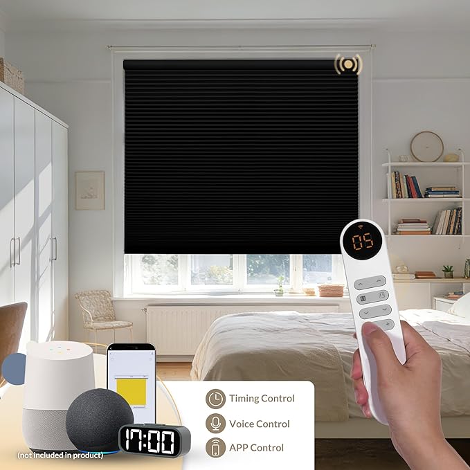 Boolegon No Drill Motorized Cellular Blinds with Remote Motorized Blackout Honeycomb Blinds for Indoor Windows Easy to Install Automatic Cellular Shades for Home,Blackout Black,Custom Size