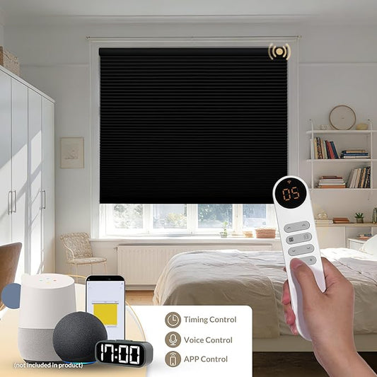 Boolegon No Drill Motorized Cellular Blinds with Remote Motorized Blackout Honeycomb Blinds for Indoor Windows Easy to Install Automatic Cellular Shades for Home,Blackout Black,Custom Size