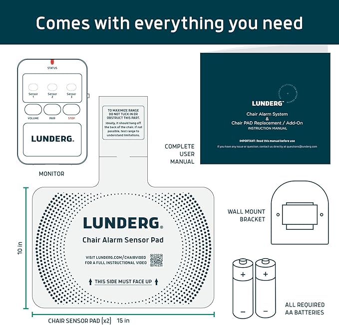 Lunderg Chair Alarm System with 2 Sensor Pads - Wireless Chair Alarms and Fall Prevention for Elderly and Dementia Patients - Smart and Reliable Elderly Monitoring Kit for Caregiver
