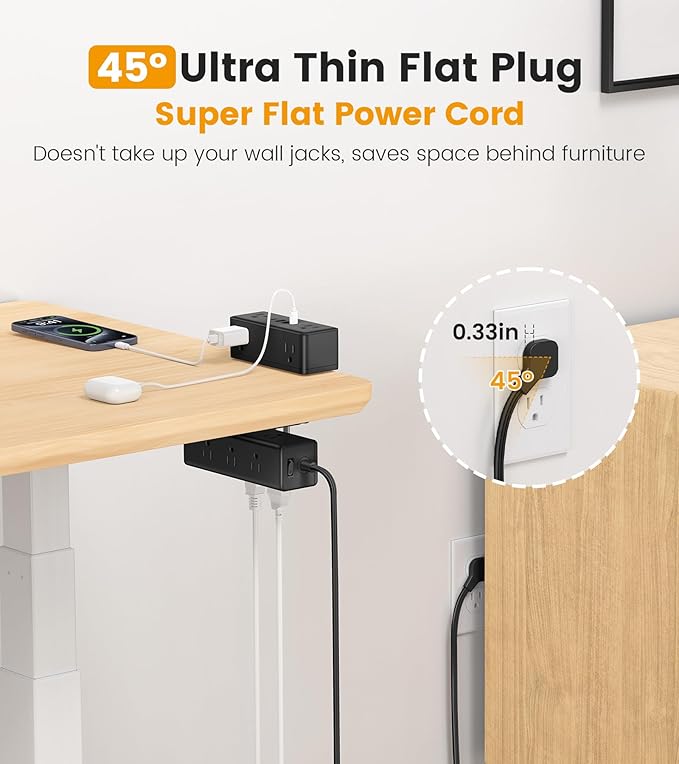 Dual Layer Desk Clamp Power Strip, Desktop Edge Mount Surge Protector with 15 AC Outlets & 4 USB Ports(20W USB-C), Ultra Thin Flat Plug & 10FT Power Cord for Office Home(ETL Listed)