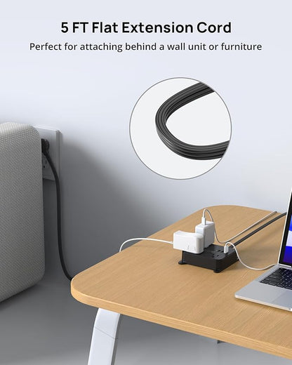 TROND Ultra Thin Flat Extension Cord, Flat Plug Power Strip with 3 USB Charger, 3 AC Outlets Desktop Charging Station, Wall Mount Low Profile Power Strip for Home, Bedroom, Dorm Room Essentials Black