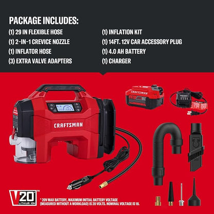 CRAFTSMAN 3-in-1 Tire Inflator Portable Air Compressor 160 PSI with Battery | Cordless pump/Car Vacuum/Dust Blower with 4.0Ah Battery & 12V Charger & LED Light for Car, Bike, Ball, Inflatable Mat & SUP
