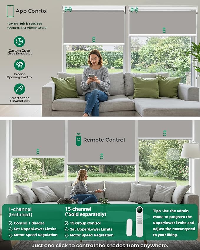 Allesin Motorized Blinds with Remote | Automatic Blackout Roller Shades, Easy Install & Smart Control Electric Blinds for Home Office, Living Room (Gray 35" W x 72" H)