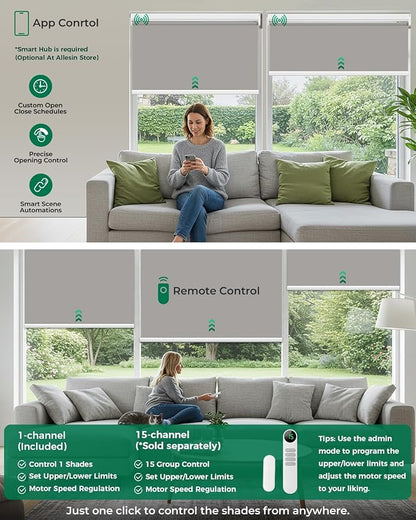 Allesin Motorized Blinds with Remote | Automatic Blackout Roller Shades, Easy Install & Smart Control Electric Blinds for Home Office, Living Room (Gray 36" W x 72" H)