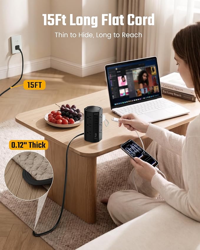 SUPERDANNY Tower Power Strip, 15Ft Extension Cord, 1700J, 12 AC 5 USB,Black | 3 USB A, 2 USB C, Surge Protector Power Tower, Flat Plug, Desk Charging Station with Multiple Outlets, Home Office Dorm Room