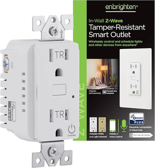 Enbrighten Z-Wave Plus Smart Receptacle, Works with Alexa, Google Assistant, Tamper-Resistant, Z-Wave Outlet, Always On Outlet, Hub Required, Smart Outlet, Lamps, Small Appliances, 700 Series, 58449