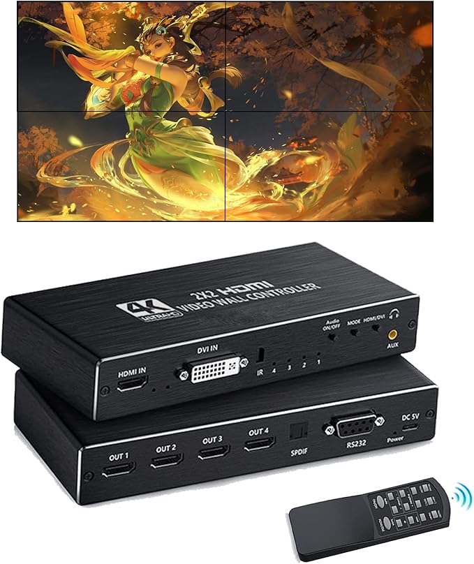 4K Seamless Splicing TV Wall Processor - HDMI & DVI Input, 1080P HD Image Processor with RS232, Support 180Rotate, 1x2, 1x3, 1x4, 2x2, 2x1, 3x1, 4x1 Mode