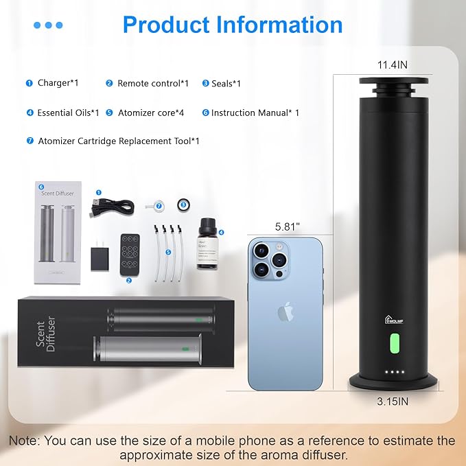 Hotel Collection Diffuser Machine,Remote,Rechargeable,Included 5 Scent Oils,Whisper-Quiet,Aluminum,1500 Sq Ft,Waterless Diffuser - Onyx Black