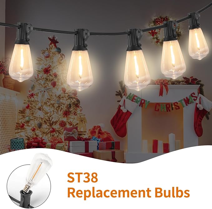 ST38 Replacement Bulbs 10 Pack, Shatterproof IP65 Waterproof Outdoor LED Edison Bulbs, E12 Candelabra Base, Dimmable Warm White 2700K, for Patio String Lights, Chandelier, Ceiling Fan