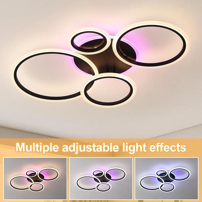 Modern LED Ceiling Light, 50W 4 Ring Flush Mount RGB Fixture | Black Ceiling Light Fixture with Remote, Dimmable 3000K-6000K, 10%-100% Brightness, RGB Backlight for Bedroom Living Room
