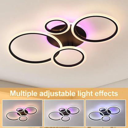 Modern LED Ceiling Light, 50W 4 Ring Flush Mount RGB Fixture | Black Ceiling Light Fixture with Remote, Dimmable 3000K-6000K, 10%-100% Brightness, RGB Backlight for Bedroom Living Room