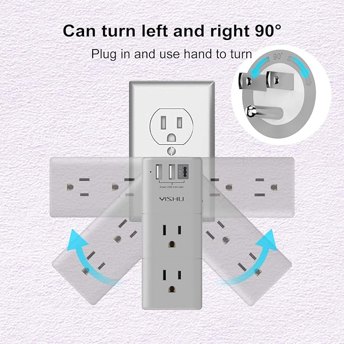 Multi Plug Outlet Surge Protector - YISHU Outlet Extender with Rotating Plug, 6 AC Outlets and 3 USB Ports, 3-Sided Swivel Power Strip Ideal Stocking Stuffers, Gray