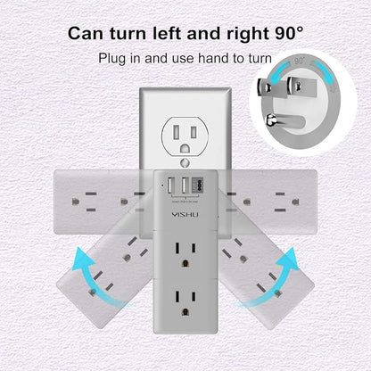 Multi Plug Outlet Surge Protector - YISHU Outlet Extender with Rotating Plug, 6 AC Outlets and 3 USB Ports, 3-Sided Swivel Power Strip Ideal Stocking Stuffers, Gray