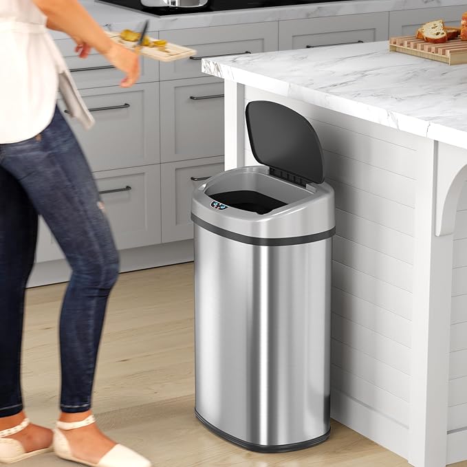 SensorCan 50 Liter / 13 Gallon Kitchen Trash Can with AC Adapter & Odor Filter Kit – Motion Sensor Stainless Steel Garbage Bin for Home, Office, Garage – Slim Oval Shape, Large Capacity Design