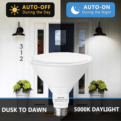 Gonhom Par38 LED Dusk to Dawn Flood Light Bulbs Outdoor,20W Replace up to 200W,1800LM,E26 Base Outdoor Flood Light Bulbs for Backyard,Garage,Porch,Garden,5000K 2 Pack