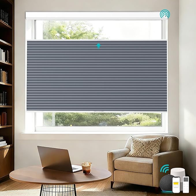 Motorized Top Down Bottom Up Blackout Cellular Shades with Remote, Custom Cordless Smart Honeycomb Blinds, Automatic Electric Window Blinds Work with Alexa Google for Home Office, Grayish Blue