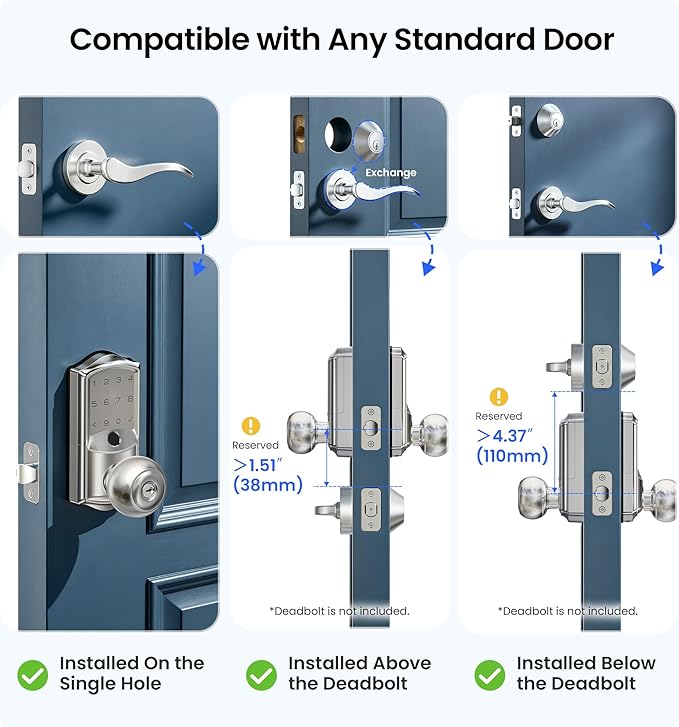 Veise VE028 Built-in Wi-Fi Smart Lock with Knob, Fingerprint Keyless Entry with Handle, App Remote & Voice Control, Electronic Digital Keypad for Front Door and Bedroom, IP65 Waterproof, Satin Nickel