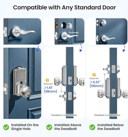 Veise VE028 Built-in Wi-Fi Smart Lock with Knob, Fingerprint Keyless Entry with Handle, App Remote & Voice Control, Electronic Digital Keypad for Front Door and Bedroom, IP65 Waterproof, Satin Nickel