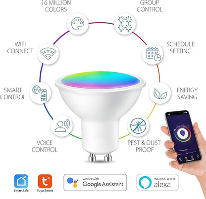 Tuya WiFi Smart GU10 RGB Spotlight Voice Control with Alexa & Google App Adjustable Dimmable Color Changing LED Bulb for Bedroom Living Room Hotel 2.4Ghz WiFi