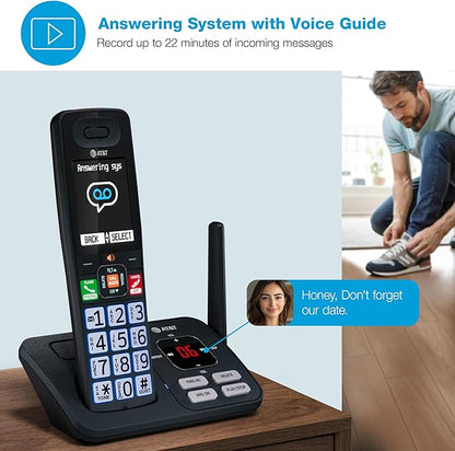 AT&T Cordless Phone, Landline Phones for Home with Smart Call Blocker, 2 Handsets Bluetooth Phone, Large Color Display, Big Buttons, Long Range, Digital Answering System: BL108-2 (Charcoal & Silver)