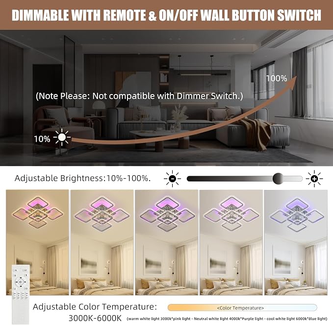 80W Dimmable LED Ceiling Light, 5-Square Flush Mount, Chrome | 4800LM Remote Control Ceiling Light Fixture, 3000K-6000K, 22in Modern Lighting for Living Room Bedroom Kitchen Dining Room