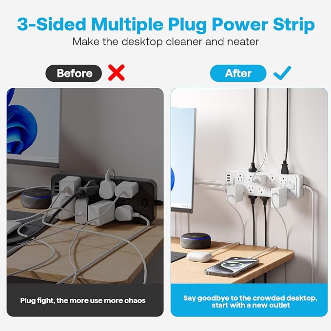 Power Strip Surge Protector Flat Plug with 20 AC Outlets 6 USB Chagring Ports, 1875W/15A, 2700J, 10 Ft Heavy Duty Extension Cord for Home, Office, Dorm, Gaming,ETL Listed (White, 10FT)