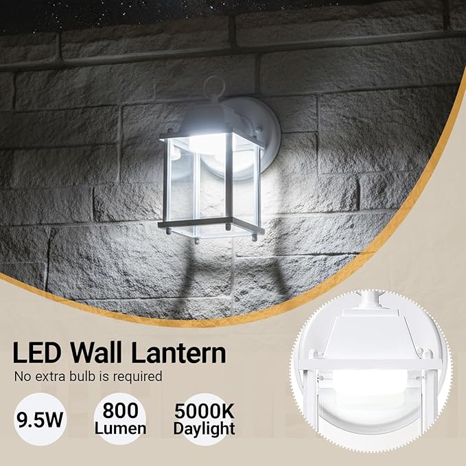 LIT-PaTH Outdoor LED Wall Lantern, Wall Sconce as Porch Light, 9.5W 800 Lumen, Aluminum Housing Plus Glass, 5000k-Matte White Finish, 2-Pack