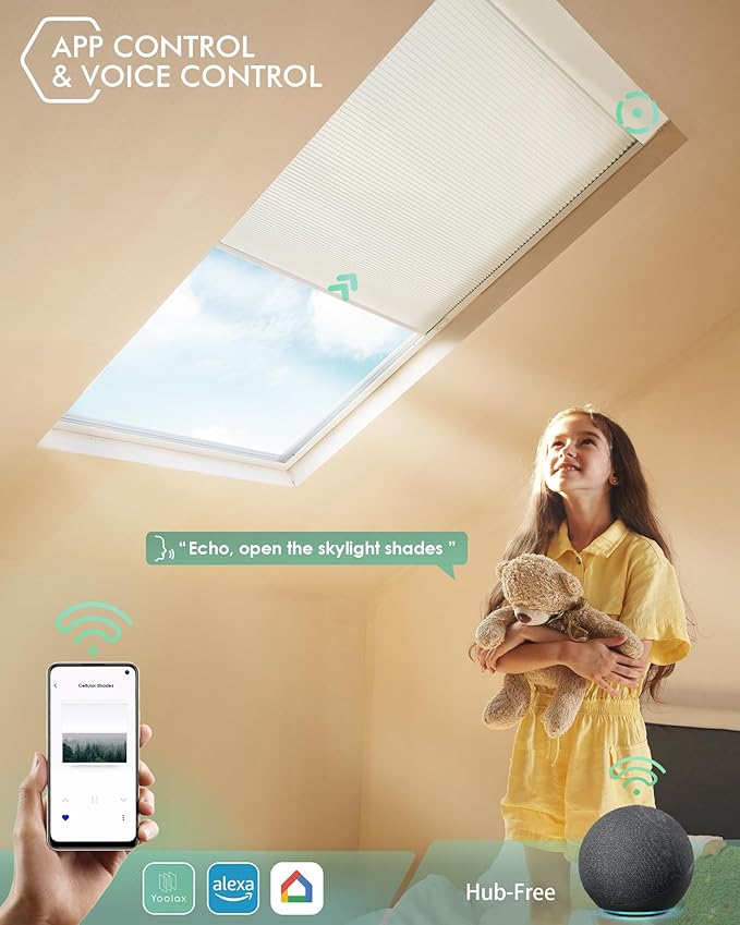 Yoolax Motorized Skylight Shades, Smart Cellular Shades Compatible with Alexa Google, Electric Cordless Honeycomb Blinds with Remote for Roof Inclined Plane Room (Light Filtering Beige)