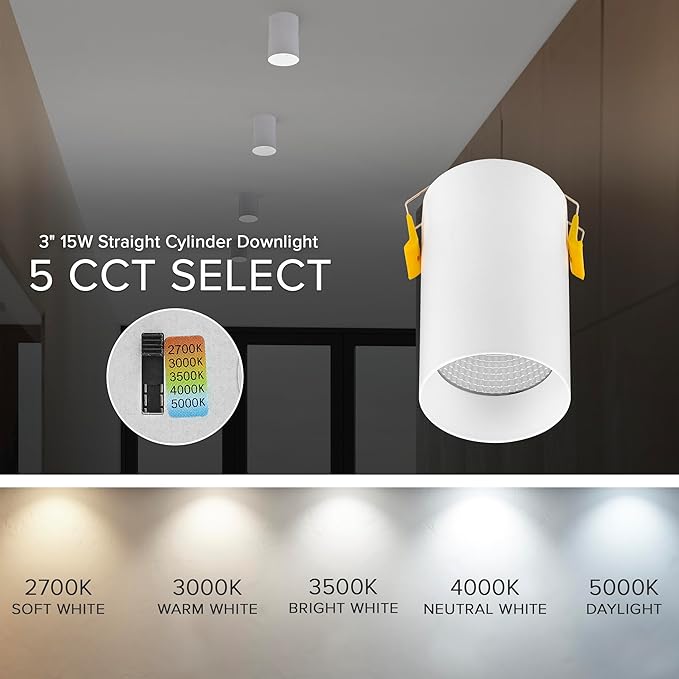 Maxxima 3 in. LED Cylinder Downlight, Recessed Ceiling Spot Light, 1000 Lumens, 5 CCT Selectable 2700K/3000K/3500K/4000K/5000K, Dimmable, White, 90 CRI, IC Rated, Canless, J-Box Included