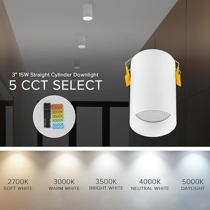 Maxxima 3 in. LED Cylinder Downlight, Recessed Ceiling Spot Light, 1000 Lumens, 5 CCT Selectable 2700K/3000K/3500K/4000K/5000K, Dimmable, White, 90 CRI, IC Rated, Canless, J-Box Included