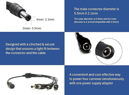 SOLTECH 4Way DC Power Supply Splitter for Security Cameras 1 Female to 4 Male 5.5 * 2.1mm 4 Channel Y Adaptor for 12V CCTV Surveillance Cameras