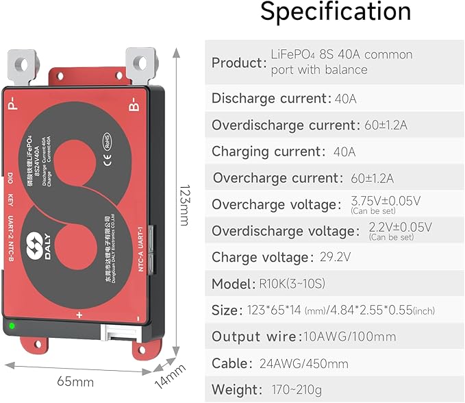DALY Smart BMS 4S-16S 40A-500A with WiFi Module and CAN 485 Communication Protection Board for LifePO4 Lithium Battery Pack (Smart BMS 8S 24V，40A)