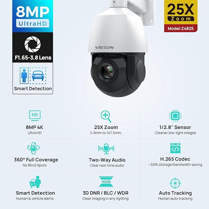 VIKYLIN 4K PoE PTZ Camera for Outdoor Security, 25X Zoom PoE Surveillance Camera System, Human Vehicle Detection, Two-Way Audio, IR Night Vision 328ft, Smart Tracking, 24/7 Recording