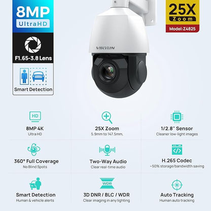 VIKYLIN 4K PoE PTZ Camera for Outdoor Security, 25X Zoom PoE Surveillance Camera System, Human Vehicle Detection, Two-Way Audio, IR Night Vision 328ft, Smart Tracking, 24/7 Recording