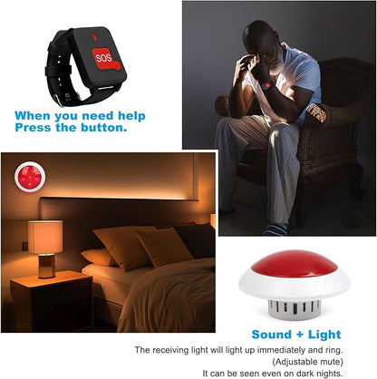 Wireless Call Strobe Light System with 2 Waterproof Wearable Call Buttons (Wrist SOS & Neck Call), Long Range Emergency Medical Alert & Caregiver Pager for Seniors Daily Emergency Calls