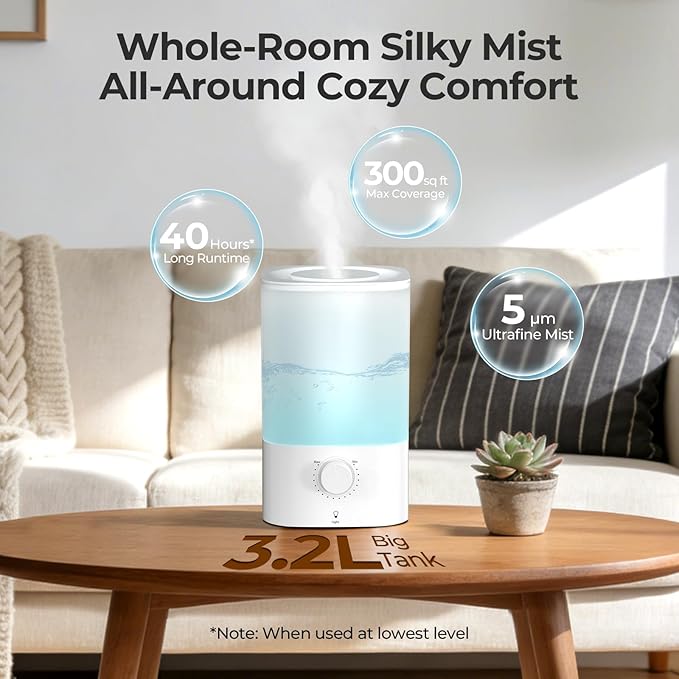 Electactic Top-Fill Cool Mist Bedroom Humidifier for Plants & Baby Nursery, 3.2L Large Capacity for up to 40H Runtime, Ultra Quiet <28dB, 3 IN 1, 5μm Fine Mist, BPA-Free for Living Room, Desk, Office