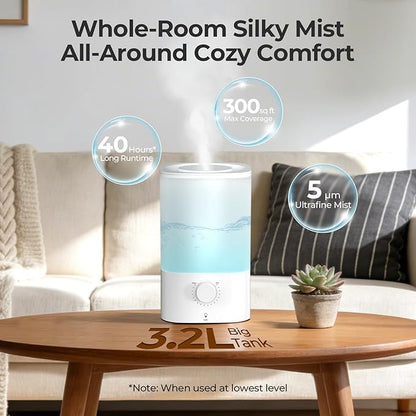 Electactic Top-Fill Cool Mist Bedroom Humidifier for Plants & Baby Nursery, 3.2L Large Capacity for up to 40H Runtime, Ultra Quiet <28dB, 3 IN 1, 5μm Fine Mist, BPA-Free for Living Room, Desk, Office