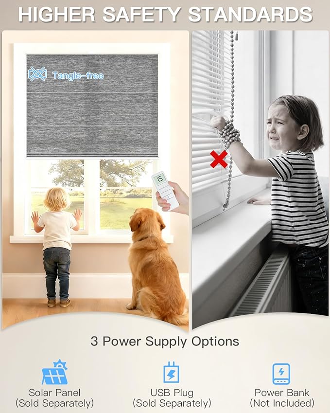 Motorized Roman Shades for Windows, Custom Light Filtering Roman Blinds with Remote, Smart Privacy Window Shades for Living Room Kitchen Office, Alexa & Google Home Compatible, App Control via RF Hub